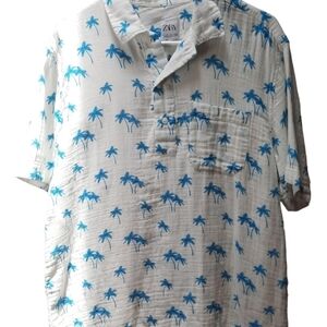 Zara Men's Palm Tree Short Sleeve Cotton Relaxed Fit Shirt